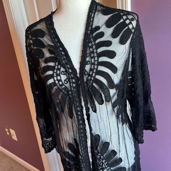 Lace Duster Kimono Black cardigan floral size large - Picture 2 of 6